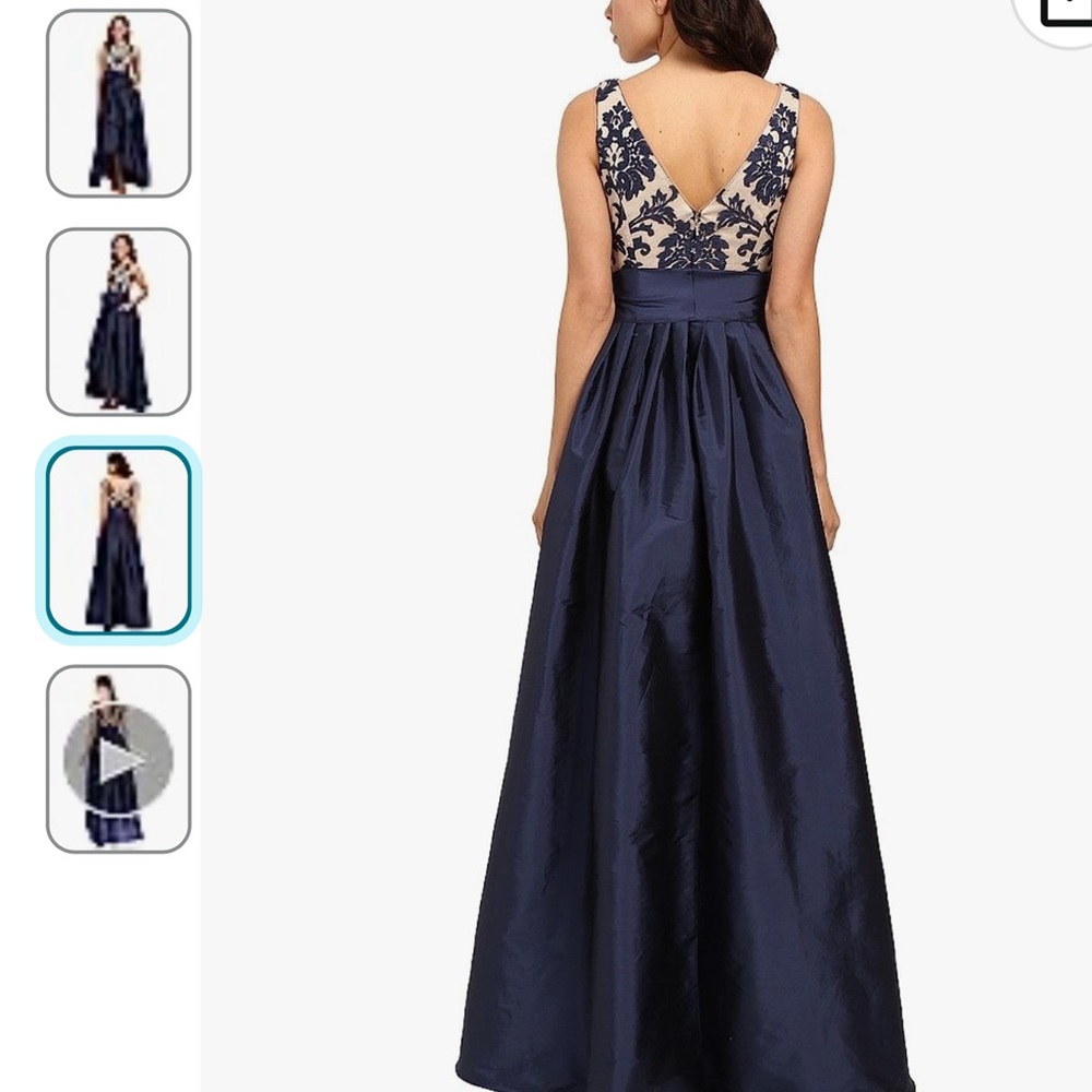 High/low taffeta ball gown with lace bodice, navy and nude, size 4